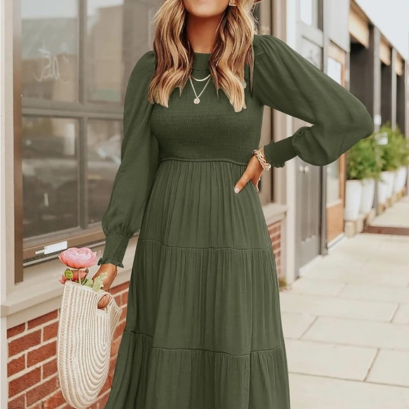Olive green smocked fall dress - Picture 1 of 7
